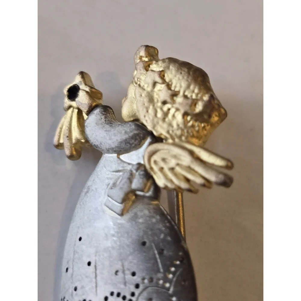 Vintage Angel Brooch Pin Two Tone Gold Silver Praying Angel Holding Flower #1225